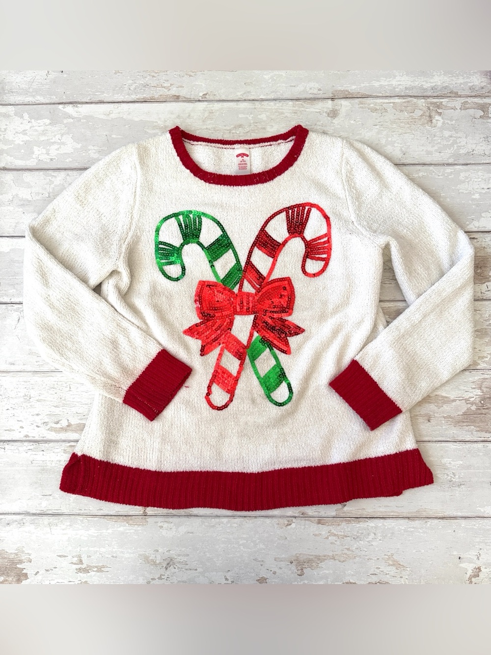 Holiday Time M Womens Knit Christmas Sequin Candy Cane Sweater Red White Medium